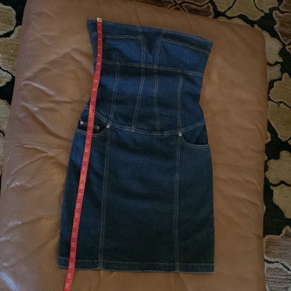 Premise Denim Blue Gold Strapless Pockets Zippered Back Woman’s Dress - Picture 16 of 16